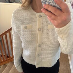 Cream Textured Knit Cardigan with Pearl Button